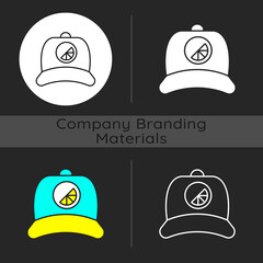 Branded cap dark theme icon. Stylish soft and flat headgear. Creating unique accessories for everyday usage. Linear white, simple glyph and RGB color styles. Isolated vector illustrations