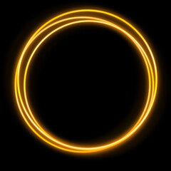 Gold circles on a black background. Three glowing gold circles. Round frame. Copy space.
