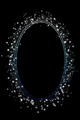 Fototapeta premium Oval frame on a black background. Shining oval with blue and white highlights.