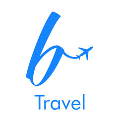 Logotipo Travel con letra b dibujada a mano con silueta de avión en color azul