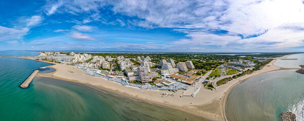 Aerial panoramic drone city scape from above La Grande Motte France	