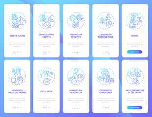 Hearing disabilities aspects onboarding mobile app page screen with concepts set. Noise, otitis walkthrough 5 steps graphic instructions. UI, UX, GUI vector template with linear color illustrations