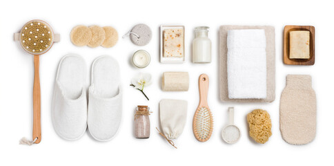 Products for spa treatment and skin care on white background
