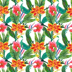 Rolgordijnen Watercolor illustration Botanical collection canna floral foliage leaves Set of wild and garden and abstract seamless pattern © HoyaBouquet