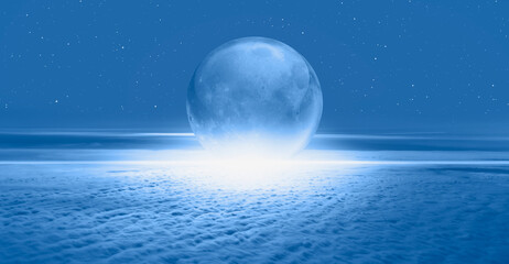 Full glass moon (or crystal ball moon) rising over the empty clouds 