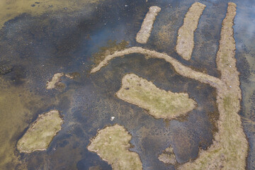 Aerial view of watching tower and islands in Engure lake, Latvia.