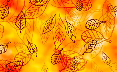 Leaves outline background. Linear brown leaves with red and yellow abstract colors