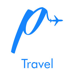 Fototapeta premium Logotipo Travel con letra p dibujada a mano con silueta de avión en color azul