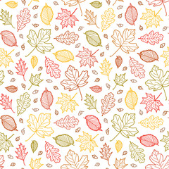 Doodle leaves vector pattern. Cute seamless print for textile, paper. Nature ornament with doodle leaves. Red, green, yellow, orange print for scrapbooking, wrapping. Leaf hand drawn seamless pattern