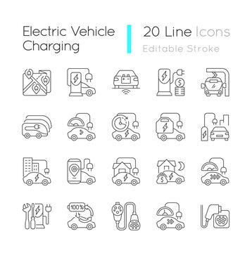 Electric vehicle charging linear icons set. Portable charging station for elctromobile. Eco cars. Customizable thin line contour symbols. Isolated vector outline illustrations. Editable stroke