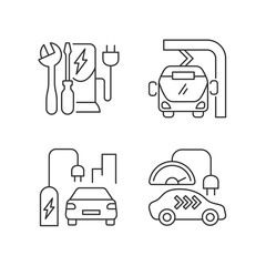 Electric vehicle charging linear icons set. Different types of charging stations for electromobiles. Customizable thin line contour symbols. Isolated vector outline illustrations. Editable stroke