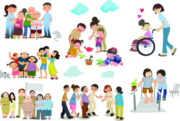Fototapeta premium Elderly people with friends and family standing together. Flat style vector illustration.