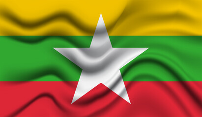 Abstract waving flag of Myanmar with curved fabric background. Creative realistic waving flag of Myanmar vector background