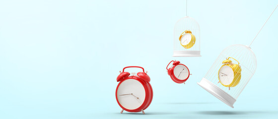 Alarm clock Red and Yellow in Cage on Blue background and Time Concept Modern Art Minimal - 3d rendering