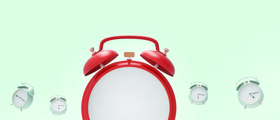 Alarm clock Red on Green background and Time Concept Modern Art Minimal - 3d rendering