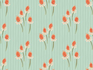 Fototapeta na wymiar Cute painted flowers in bunches over striped background in off-white, orange, mint, green. Cute floral kids seamless vector pattern. Great for home décor, fabric, wallpaper, gift wrap, stationery, etc