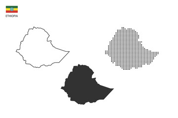 3 versions of Ethiopia map city vector by thin black outline simplicity style, Black dot style and Dark shadow style. All in the white background. - obrazy, fototapety, plakaty