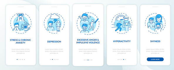 Fototapeta na wymiar Psychology of self-control blue onboarding mobile app page screen with concepts. Regulation walkthrough 5 steps graphic instructions. UI, UX, GUI vector template with linear color illustrations