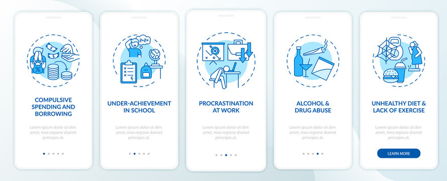 Major self-control problems blue onboarding mobile app page screen with concepts. Burnout walkthrough 5 steps graphic instructions. UI, UX, GUI vector template with linear color illustrations