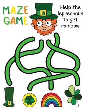 Help the leprechaun to get rainbow - maze game stock vector illustration. Funny educational puzzle with hand-drawn cartoon leprechaun, top hat, coin, rainbow and shamrock printable activity page