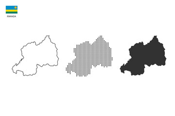 3 versions of Rwanda map city vector by thin black outline simplicity style, Black dot style and Dark shadow style. All in the white background.