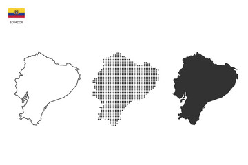 3 versions of Ecuador map city vector by thin black outline simplicity style, Black dot style and Dark shadow style. All in the white background.