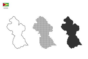 3 versions of Guyana map city vector by thin black outline simplicity style, Black dot style and Dark shadow style. All in the white background.