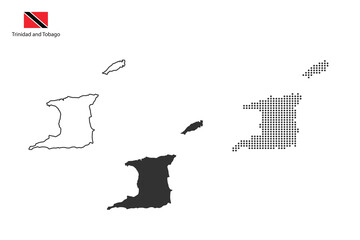 3 versions of Trinidad and Tobago map city vector by thin black outline simplicity style, Black dot style and Dark shadow style. All in the white background.