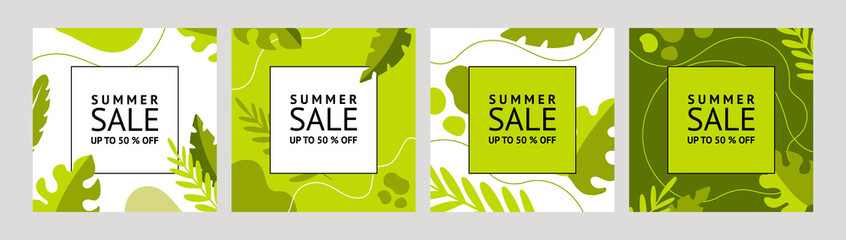 Summer Sale banner.Discount poster with tropical leaves and floral pattern.Vector set of abstract  trendy background templates for Invitation,special offer card,social media stories and posts,flyers