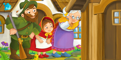 Cartoon scene of young girl in the forest illustration