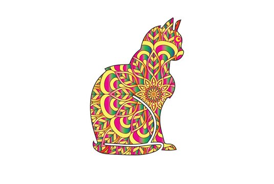 Stylized colorful doodle cat. Hand drawn cartoon animal illustration, coloring book page. Decorative ornate for T-shirt emblem, logo or tattoo. Zen art, isolated design element