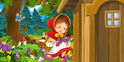 Cartoon scene of young girl in the forest illustration