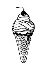 ice cream in a waffle cone with a cherry. Black vector on a white background