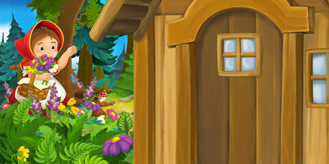 cartoon rural house in forest on meadow illustration