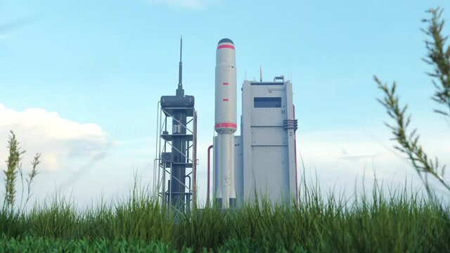 the camera zooms through the green grass to the space station and the rocket. concept of 3d animation of cosmic achievements