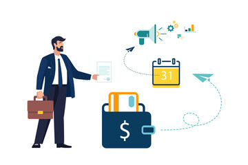 Successful businessman with a document saves on the card digital funds, an entrepreneur or an investor. Man in suit standing, calendar plan. Financial success, economy, trade concept. Vector, icons