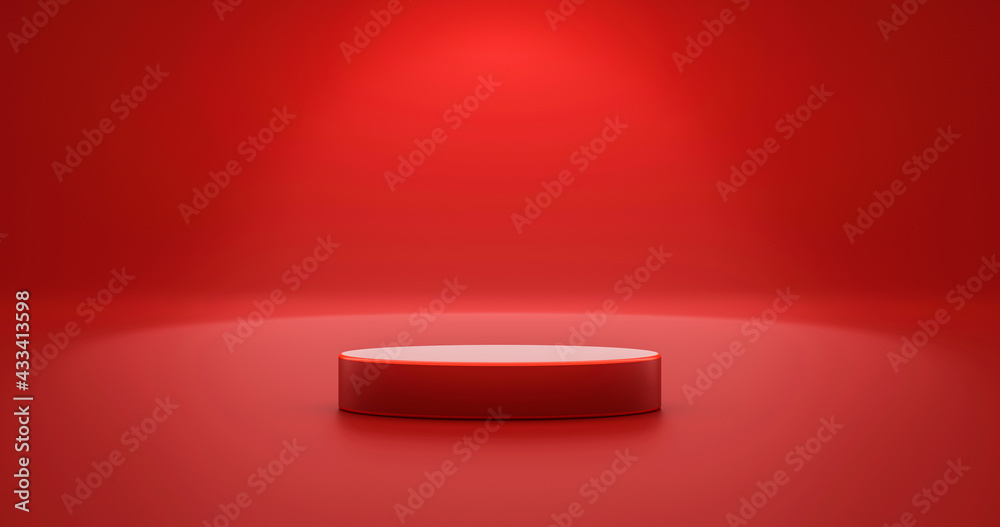 Poster Red product background stand or podium pedestal on empty display with blank backdrops. 3D rendering.