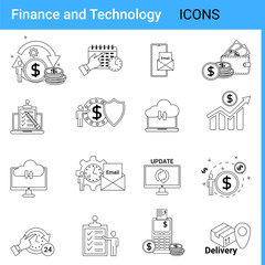 Finance and Technology.A set of web icons in the style of thin contours.A collection of various icons for web design. Vector illustration.