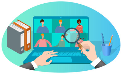 The business concept of recruitment.Selection of employees with different skills.Assessment of the level of employees using online testing.3d image.Isometric vector illustration.