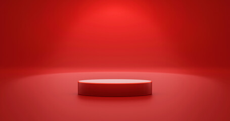Obraz premium Red product background stand or podium pedestal on empty display with blank backdrops. 3D rendering.