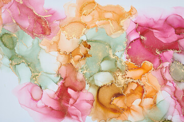 Natural  luxury abstract fluid art painting in alcohol ink technique. Tender and dreamy  wallpaper. Mixture of colors creating transparent waves and golden swirls. For posters, other printed materials © CHREMOS