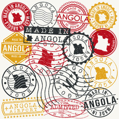 Angola Set of Stamps. Travel Passport Stamps. Made In Product. Design Seals in Old Style Insignia. Icon Clip Art Vector Collection.