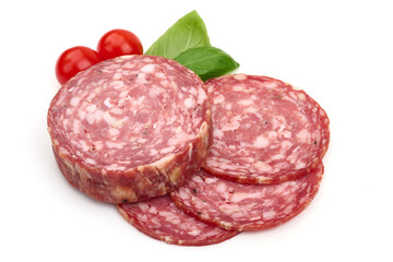 Salami smoked sausage, Traditional dry-cured Milano salami, isolated on white background. High resolution image.