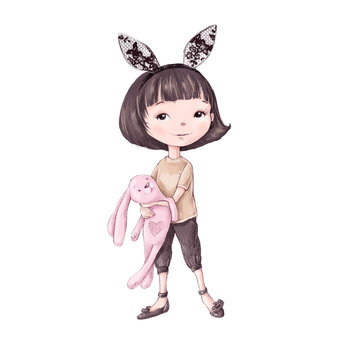 Cute cartoon girl dressed as a bunny with a toy