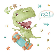 Set of cute cartoon dinosaur on a skateboard © Yuliya