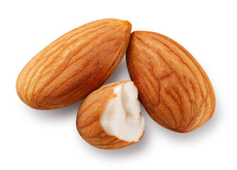 Almond isolated. Almonds on white background. Two almonds and a half top view. With clipping path. Full depth of field.