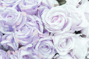 Close up of many fabric pale purple roses with blurred  background as Valentine’s day concept.
