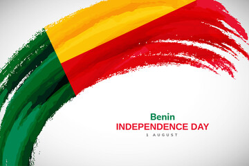 Happy independence day of Benin with watercolor brush stroke flag background with abstract watercolor grunge brush flag - obrazy, fototapety, plakaty