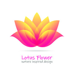 Lotus flower logo with overlapping yellow-orange gradient petals. Vector label for wellness industry, spa center, beauty salon. Floral isolated symbol on white background.