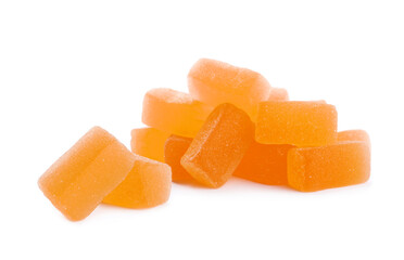 Tasty orange jelly candies on white background